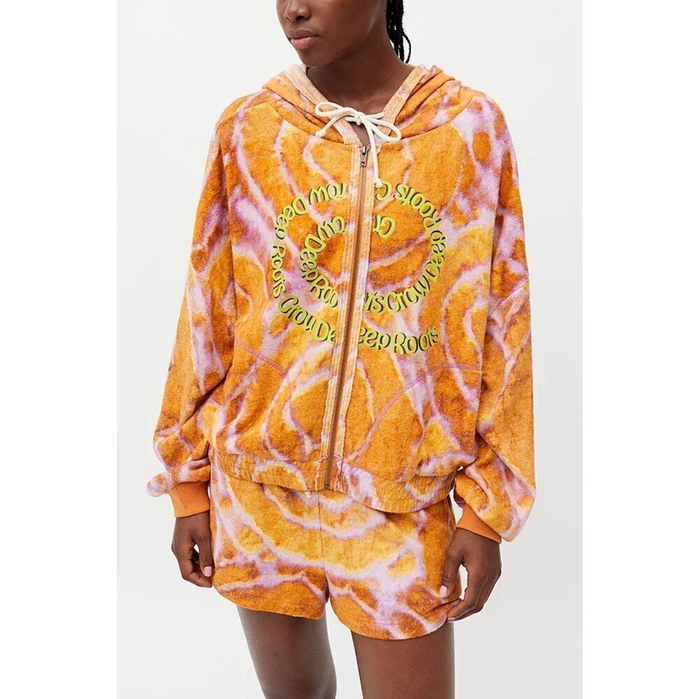 UO Out From Under Kelsey Fleece Zip Printed Hoodie Tie Dye Grow Deep Roots M